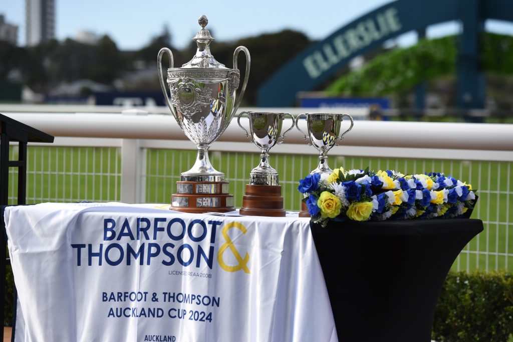 The Barfoot & Thompson Auckland Cup on display at Ellerslie. The time-honoured race will take place as part of Champions Day, 8 March 2025.